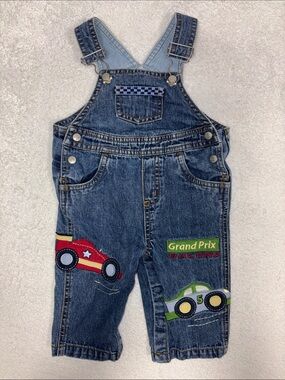 Talbots Blue Denim Kids Overalls with Race Car Appliqués vintage 6m